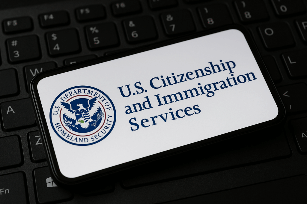 Logo USCIS em um telefone.